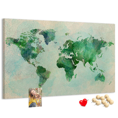 Tableau de liège carte du monde à l'aquarelle verte