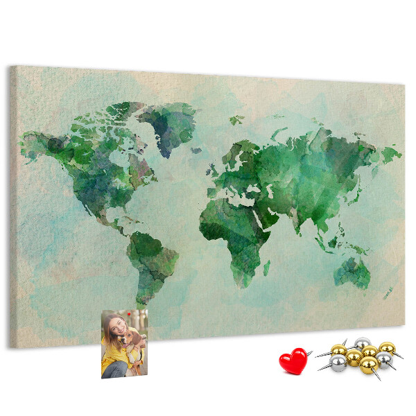 Tableau de liège carte du monde à l'aquarelle verte