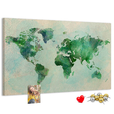 Tableau de liège carte du monde à l'aquarelle verte