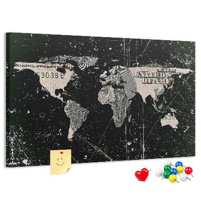 Tableau en liège Une carte du monde sur un billet d'un dollar en arrière-plan