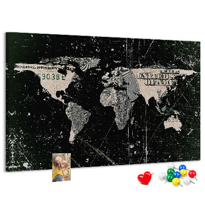 Tableau en liège Une carte du monde sur un billet d'un dollar en arrière-plan