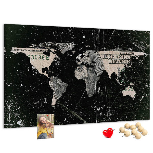 Tableau en liège Une carte du monde sur un billet d'un dollar en arrière-plan