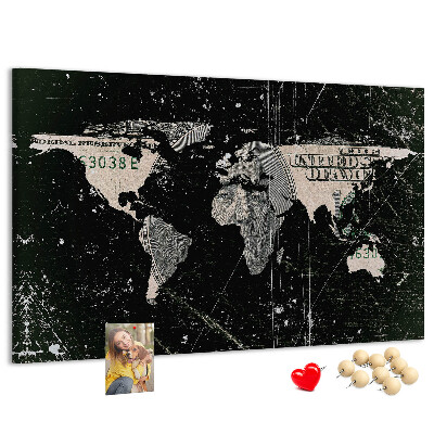 Tableau en liège Une carte du monde sur un billet d'un dollar en arrière-plan