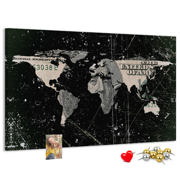 Tableau en liège Une carte du monde sur un billet d'un dollar en arrière-plan