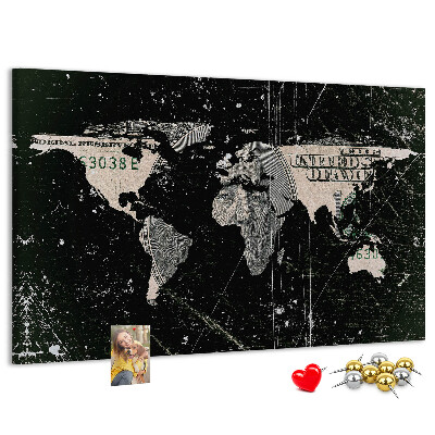 Tableau en liège Une carte du monde sur un billet d'un dollar en arrière-plan