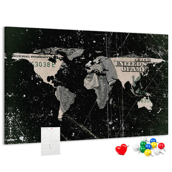 Tableau en liège Une carte du monde sur un billet d'un dollar en arrière-plan