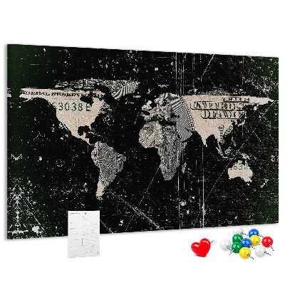 Tableau en liège Une carte du monde sur un billet d'un dollar en arrière-plan
