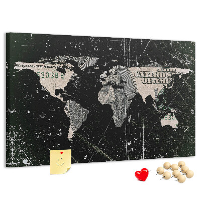 Tableau en liège Une carte du monde sur un billet d'un dollar en arrière-plan
