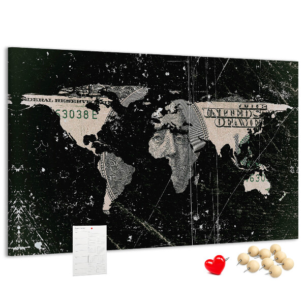 Tableau en liège Une carte du monde sur un billet d'un dollar en arrière-plan