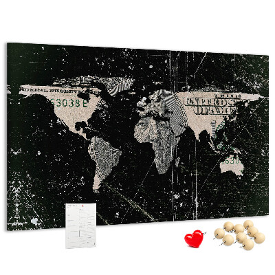 Tableau en liège Une carte du monde sur un billet d'un dollar en arrière-plan