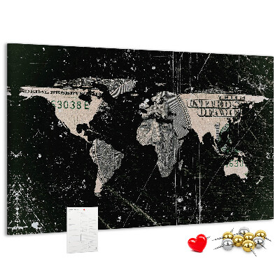 Tableau en liège Une carte du monde sur un billet d'un dollar en arrière-plan