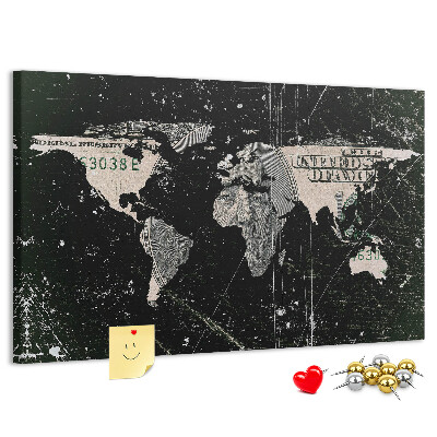 Tableau en liège Une carte du monde sur un billet d'un dollar en arrière-plan