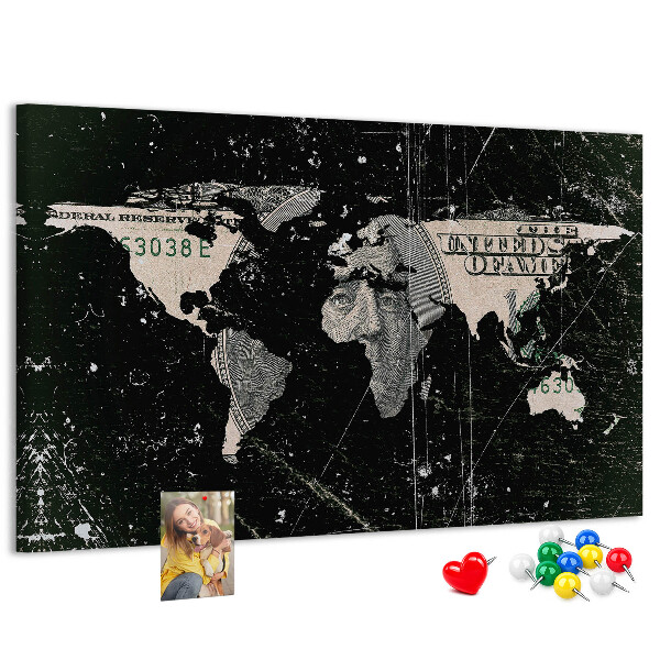 Tableau en liège Une carte du monde sur un billet d'un dollar en arrière-plan