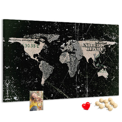 Tableau en liège Une carte du monde sur un billet d'un dollar en arrière-plan