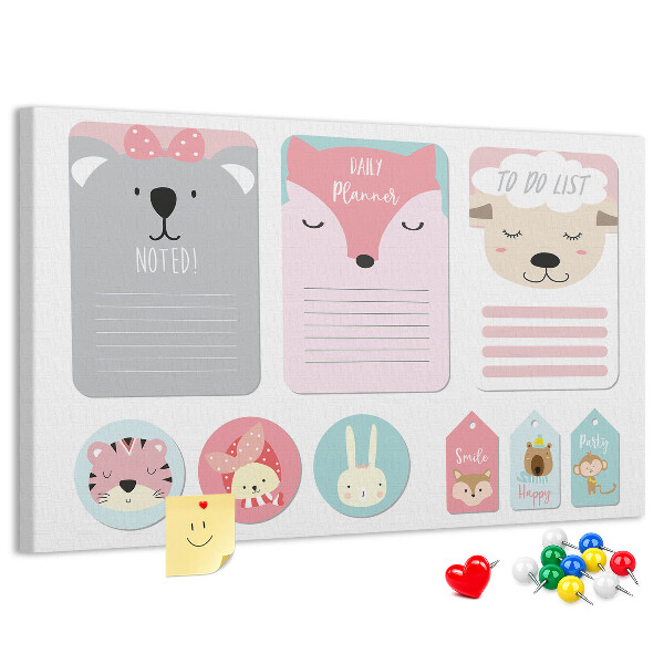 Tableau de liège Des notes colorées avec des animaux mignons