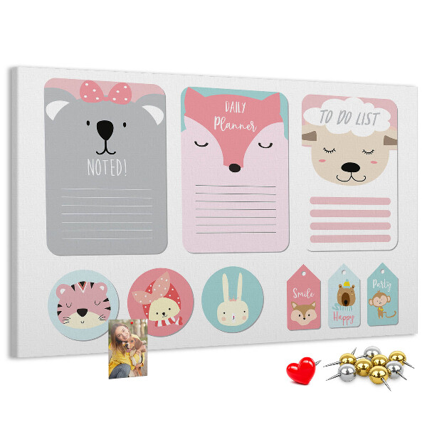 Tableau de liège Des notes colorées avec des animaux mignons