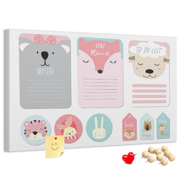 Tableau de liège Des notes colorées avec des animaux mignons