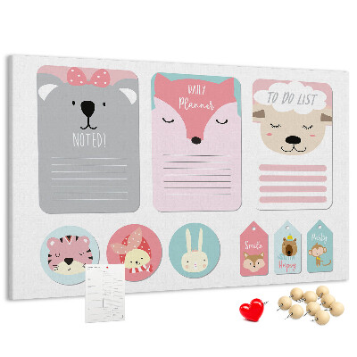 Tableau de liège Des notes colorées avec des animaux mignons