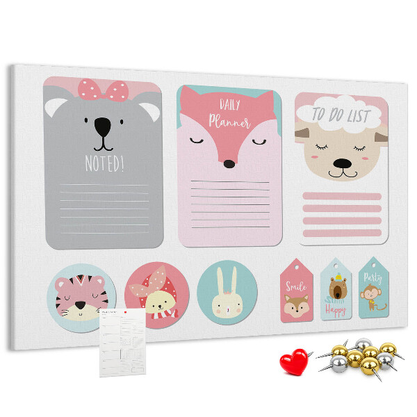 Tableau de liège Des notes colorées avec des animaux mignons