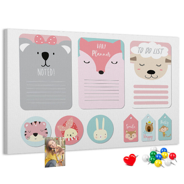 Tableau de liège Des notes colorées avec des animaux mignons
