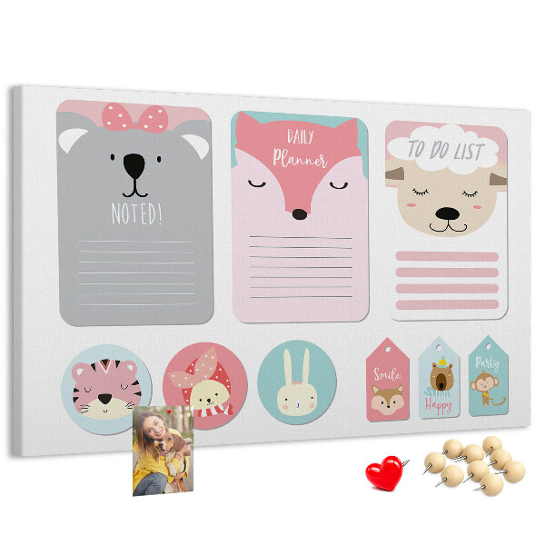 Tableau de liège Des notes colorées avec des animaux mignons