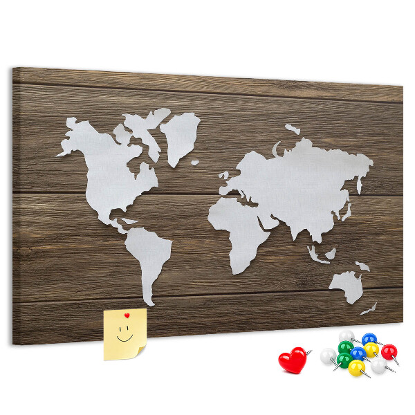 Tableau de liège Carte du monde sur fond en bois