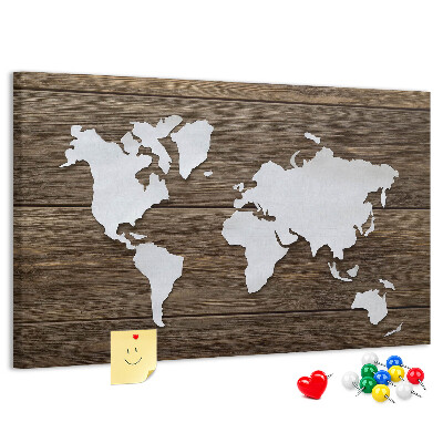 Tableau de liège Carte du monde sur fond en bois
