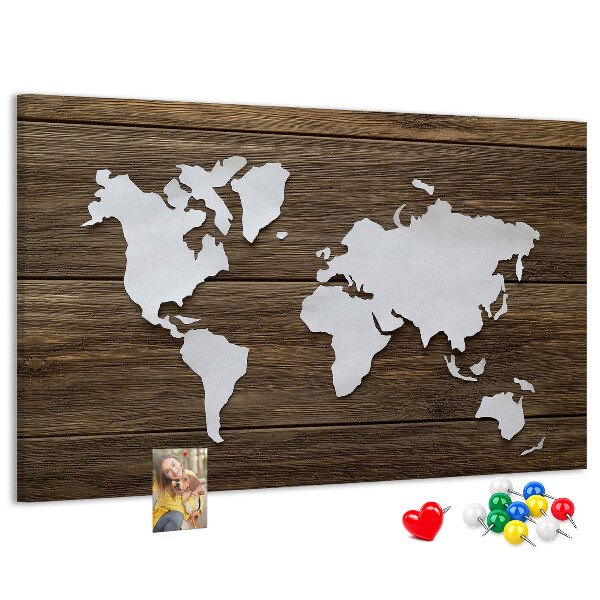 Tableau de liège Carte du monde sur fond en bois