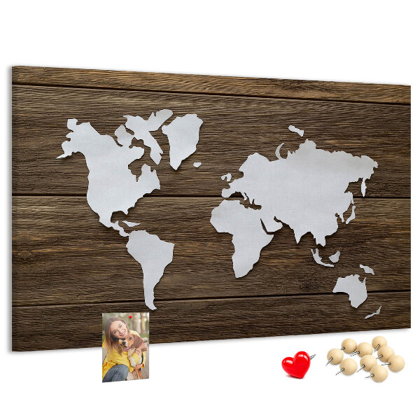 Tableau de liège Carte du monde sur fond en bois