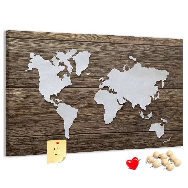 Tableau de liège Carte du monde sur fond en bois