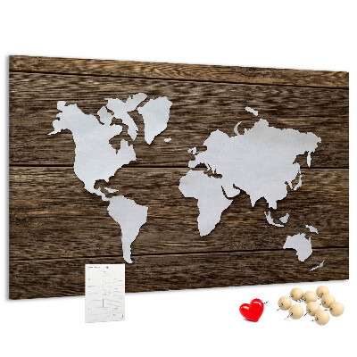 Tableau de liège Carte du monde sur fond en bois