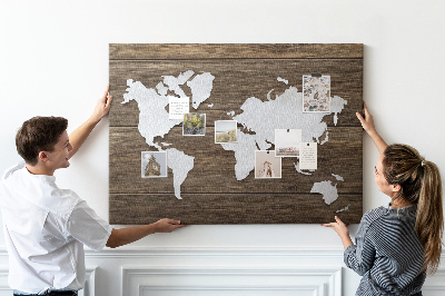 Tableau de liège Carte du monde sur fond en bois