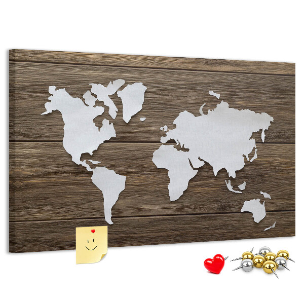 Tableau de liège Carte du monde sur fond en bois