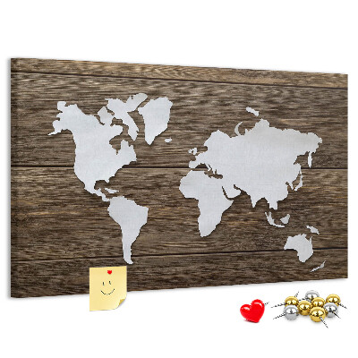Tableau de liège Carte du monde sur fond en bois