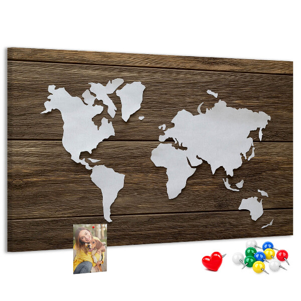Tableau de liège Carte du monde sur fond en bois