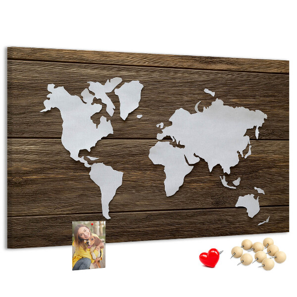 Tableau de liège Carte du monde sur fond en bois