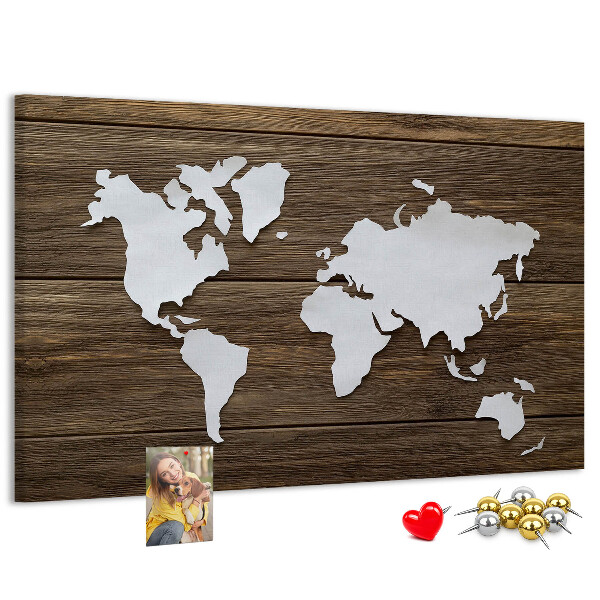 Tableau de liège Carte du monde sur fond en bois