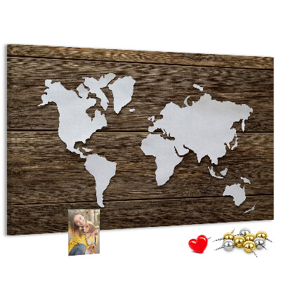 Tableau de liège Carte du monde sur fond en bois