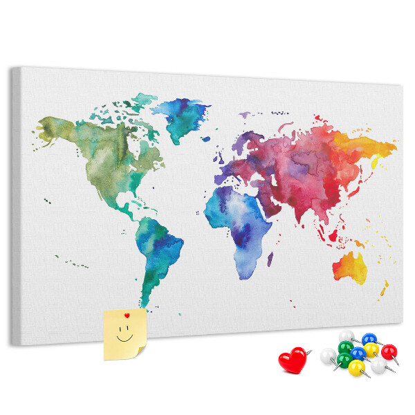 Tableau en liège carte du monde colorée à l'aquarelle
