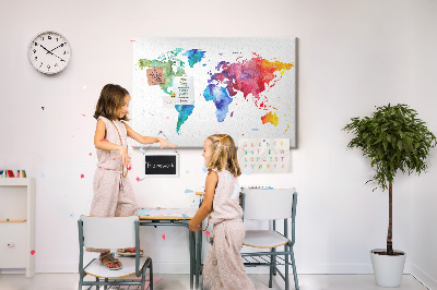 Tableau en liège carte du monde colorée à l'aquarelle