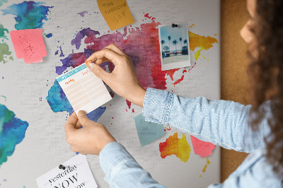 Tableau en liège carte du monde colorée à l'aquarelle