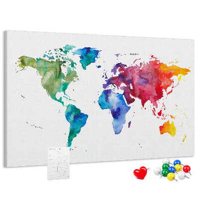 Tableau en liège carte du monde colorée à l'aquarelle