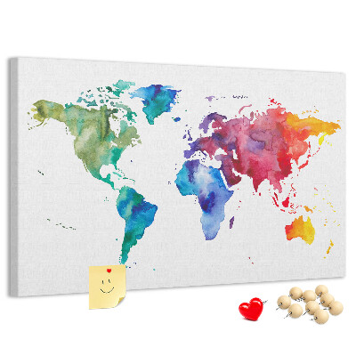 Tableau en liège carte du monde colorée à l'aquarelle