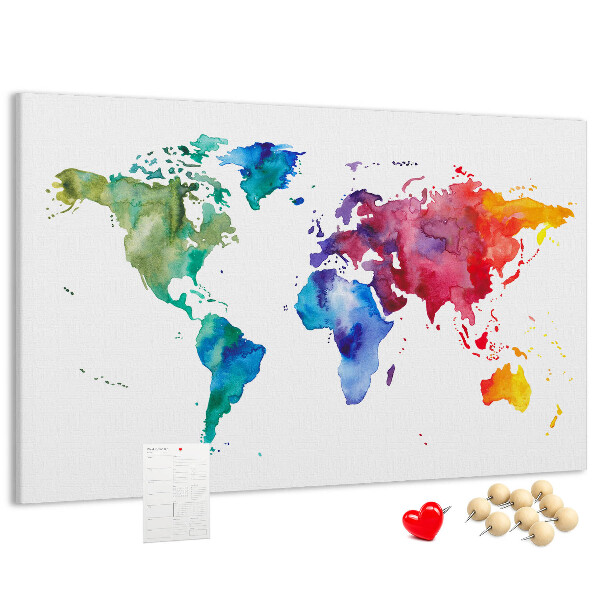 Tableau en liège carte du monde colorée à l'aquarelle