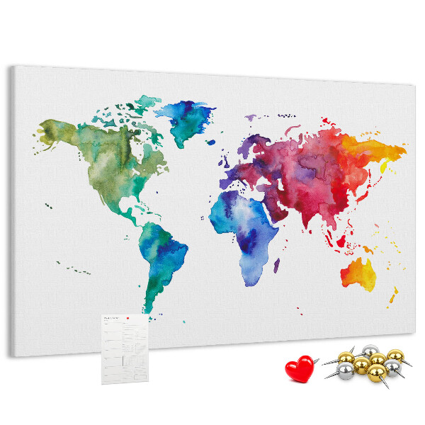 Tableau en liège carte du monde colorée à l'aquarelle