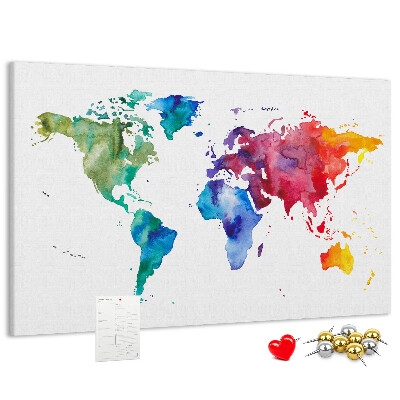 Tableau en liège carte du monde colorée à l'aquarelle