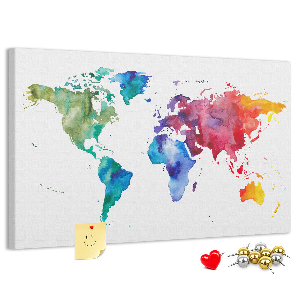 Tableau en liège carte du monde colorée à l'aquarelle