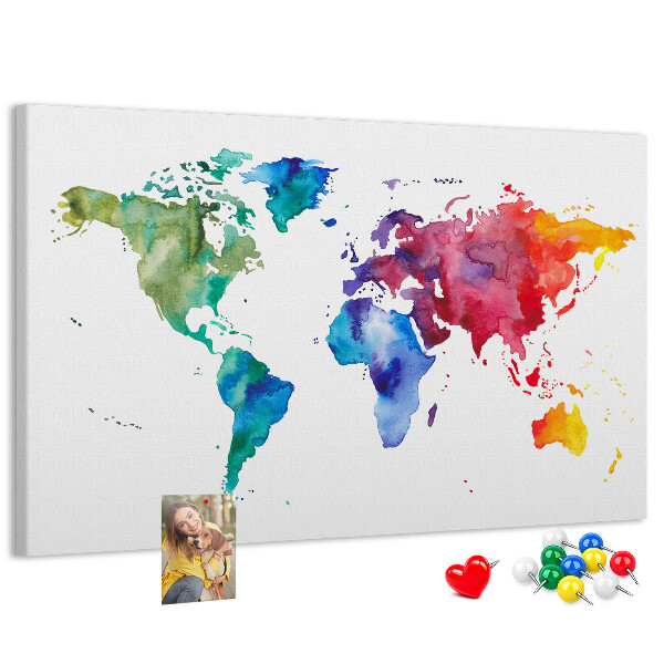 Tableau en liège carte du monde colorée à l'aquarelle