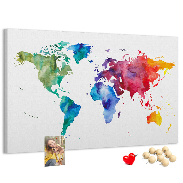 Tableau en liège carte du monde colorée à l'aquarelle