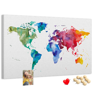 Tableau en liège carte du monde colorée à l'aquarelle